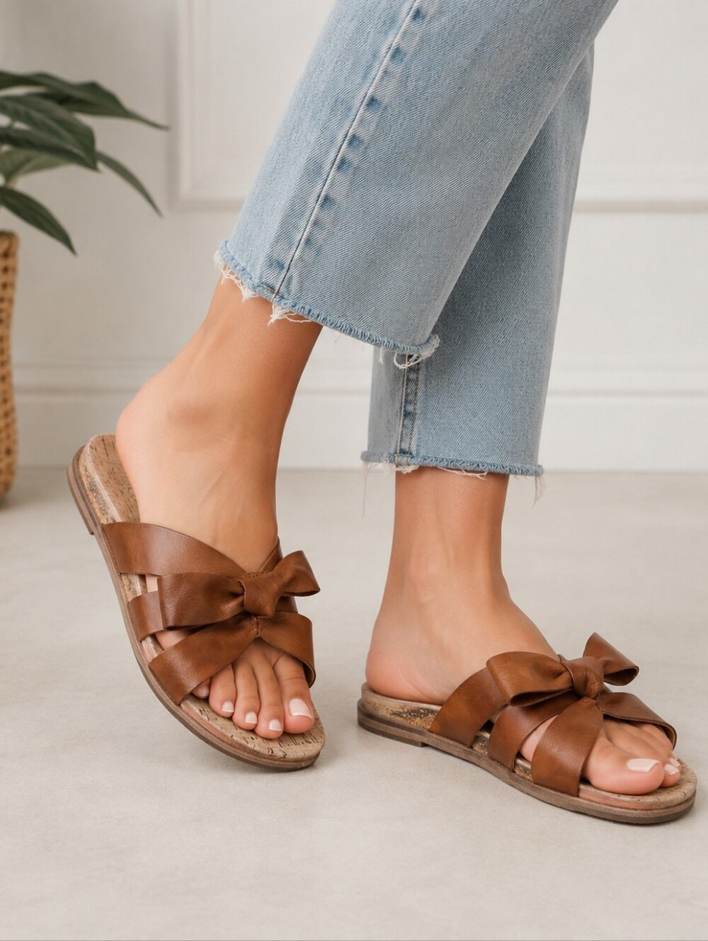 Kork-Ease Brigit Leather Bow Slide Sandals Brown Women's Size 7